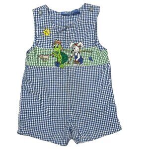 Baby Crew Jon Jon Romper Boys Blue Gingham Tortoise Hair Embroidered Size 18M